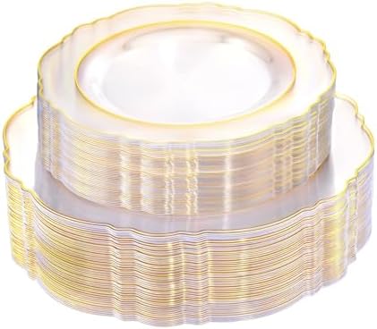 WDF 100pcs Clear Disposable Plastic Plates With Gold Trim - Baroque Clear Gold including 50PCS Dinner Plates 10.25inch and 50PCS Salad Plates 7.5inch for Wedding/Baby Shower/Birthday by WDF
