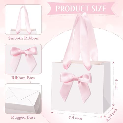 Kolldenn 50 Pcs Small Gift Bags Bulk with Bow Ribbon Handles, White Pink - Image 3