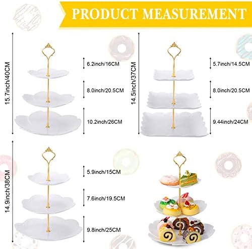 Sawysine 6 Pack 3 Tiered Serving Tray White Plastic Dessert Tower, Gold - Image 2