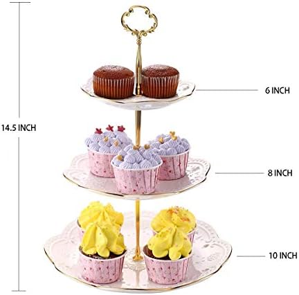 3-Tier Porcelain Embossed Cupcake Stand - Pure White Rimmed with Gold Dessert Cake Stand - Pastry Serving Tray Platter for Tea Party, Wedding and Birthday - Image 2