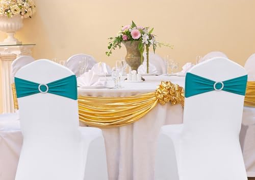 50 Pack Spandex Turquoise Chair Sashes Bows Stretch Teal Chairs Bands with Buckles Universal Elastic Chair Ties for Party Celebration Ceremony Events Wedding Decorations - Image 2