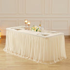 2 Pack 8ft Champagne Tulle Tablecloths for Rectangle Tables, 8 Foot Champagne Rectangular Table Cloth, Wrinkle Free Table Cover with Tutu Skirt for Wedding Birthday Party Banquet Buffet Bridal Shower - Image 2