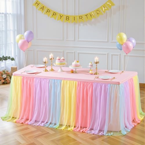 Pastel Rainbow Tablecloth for 8 Foot Rectangle Tables Tulle Tablecloth Rainbow Table Cloth Rectangle 8ft Spandex Table Covers for Baby Shower Girls Unicorn Birthday Party Wedding Banquet Tables Skirt - Image 2