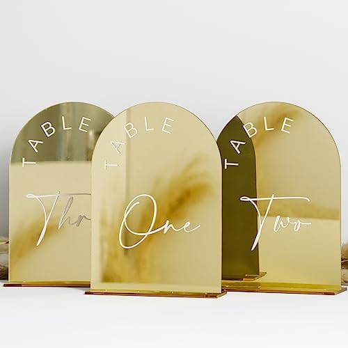 Gold Mirror Arch Wedding Table Numbers 1-25 with Stands, 5x7 Inch Acrylic Arch Sign with Holder, Gold Mirror Arched Acrylic Table Numbers for Wedding Reception(1-25, 5"x7") by JINMURY