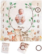 KooKooBaby Baby Monthly Milestone Blanket - 47x47 Premium Fleece Milestone Blanket for Baby Girl and Boy - Woodland Animals Monthly Baby Milestone Photo Background with Felt Circle Marker by KooKooBaby