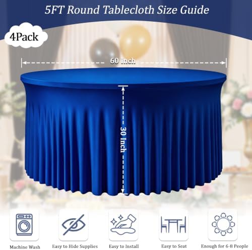 Royal Blue 4PCS Round Spandex Tablecloth for 5FT/60In Round Table, Stretchy Table Cloth with Skirt, Washable Fitted Tablecloth, Circle Wrinkle Free Table Cover for Wedding Party Banquet Event - Image 3