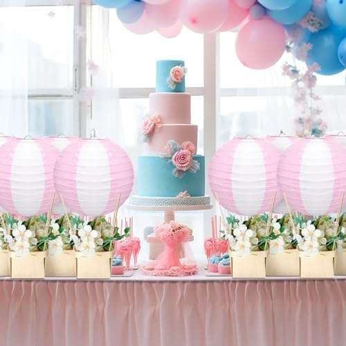 Rossesay 12 Sets Hot Air Balloon Decorations DIY Paper Lanterns Baby Shower Table Centerpieces Wooden Basket with Sticks for Gender Reveal, First Birthday Party, Wedding, Graduation(Pink) - Image 4
