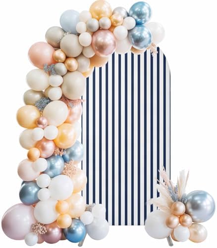 Strip Spandex Arch Backdrop Cover 6.6FT for Balloon Garland Farmhouse Strip Navy Blue Double-Sided Chiara Backdrop Stand Cover Elastic Fitted Fabric Background for Birthday Party Baby Shower Decor - Image 2