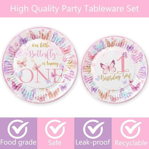 316 Pcs Butterfly 1st Birthday Party Decorations, Pink Our Little Butterfly is Turning One Party Supplies Include Backdrop, Hanging Swirls, Plates, Cups, Tablecloth, Cupcake Toppers, Latex Balloons - Image 2