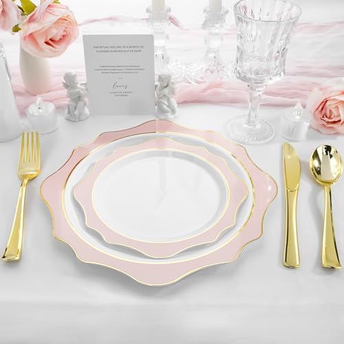 realluck 100Pcs White & Pink Plastic Plates for 50 Guests - Image 6