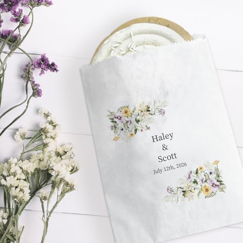 Canopy Street Personalized Dainty Wildflower Corners Names Treat Bags / 50 Custom Event Dessert Bags / 5 3/4" x 8" Floral Cookie Holder Wedding Anniversary Favor/Made In The USA - Image 3