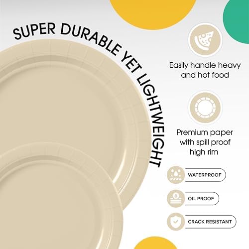 Party Solids Exquisite Ivory Paper Plates Disposable Heavy Duty 200 Pcs - 100-7 & 100-9 Ivory Disposable Plates for Party Heavy Duty 350 GSM for Birthday Supplies - Image 4