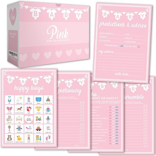Party Hearty Baby Shower 5 Game Pack, Premium Thick Cardstock - Pink by PartyHearty