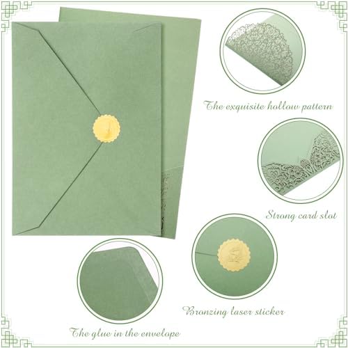 100 Set 5 x 7 Laser Cut Wedding Invitations, Sage Green - Image 3