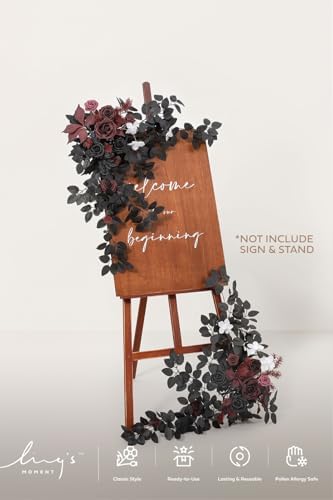 Ling's moment Welcome Sign Flowers, Wedding Floral Swag, Black and Burgundy - Image 2
