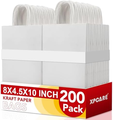 XPCARE White Paper Bags with Handles, 200Pcs 8x4.5x10In Kraft Paper Bag by XPCARE