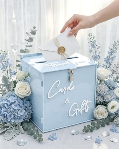 Sky Blue Acrylic Wedding Card Box with Lock, 10" Card Holder with Slot - Image 3