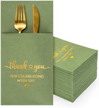FYSUIMU 100 Pcs Wedding Linen Feel Napkins Sage Green Gold Foil Pocket Disposable Flatware Airlaid Paper Napkin Prefolded Dinner Guest Hand Towel For Wedding Engagement Bridal Baby Shower Party Decor by FYSUIMU