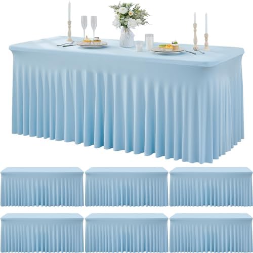 6 Pack Spandex Baby Blue Table Clothes for 6 Foot Rectangle Tables, Wrinkle Free Fitted Tablecloths 6ft Stretchy Table Cloths Skirt for Parties Weddings Birthday Banquet Baby Shower by Htper