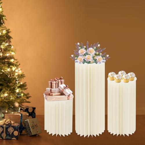 3Pcs Cylinder Stands for Party, Set of 3 Foldable Cardboard Cylinder Stands, Round Display Pedestals, 66 lbs Load Capacity, White Paper & PVC Party Centerpiece for Wedding Birthday Garden Event Decor - Image 2
