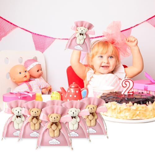 Shinylin 24 Pcs Bear Gift Bag Bulk for Baby Shower Guest Favor 5.3 x 7.1 Inches Candy Cute Plush Bear Drawstring Bag with Bow Thank You Acrylic Sign for Baby Boy Girl Party Decorations(Pink) - Image 6