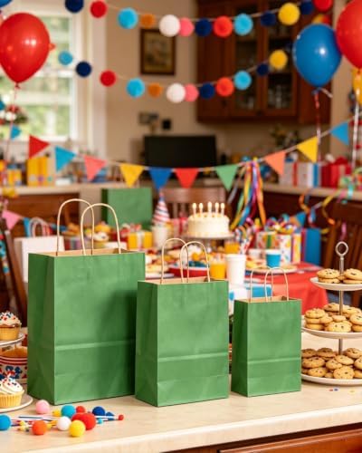 qiqee 100PCS Gift Bag with Handles Bulk Kraft Deep Green Paper Bags Assorted Sizes(33pcs Large 13",33pcs Medium 11",34pcs Small 8") - Image 5