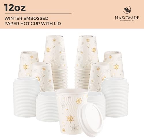 12oz Christmas Disposable Coffee Cups with Lids White Snowflake Winter Togo - Image 2