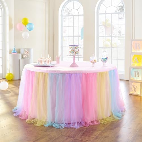 167in Rainbow Tulle Table Skirts for Rectangle Tables 6/8ft, 2-Layer Pastel Color Unicorn Ruffle Tulle Tutu Cloth Table Skirt 14ft for Girl Birthday Party Baby Shower Cake Dessert(No Table Cover) - Image 3