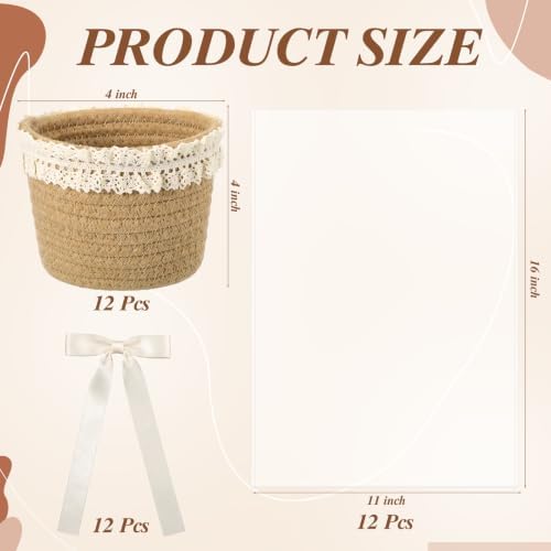 Thenshop 12 Pcs Small Woven Basket Empty with Gift Bags＆ Ribbons, Khaki - Image 2