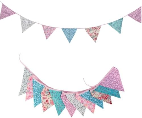 Zwiebeco 32Ft Pink Blue Purple Floral Fabric Bunting Triangle Flag Cotton Flower Pennant Banner Decoration for Birthday Wedding Engagement Baby Shower Tea Party Spring Rustic Village Home Garden Décor by Zwiebeco