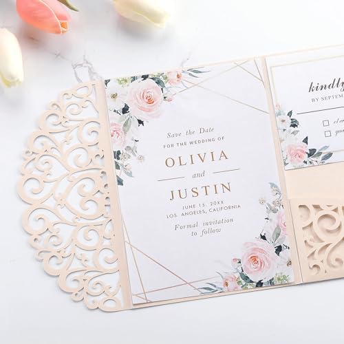 50PCS Pink Laser Cut Wedding Invitation with Envelopes and Rsvp Cards - Image 3