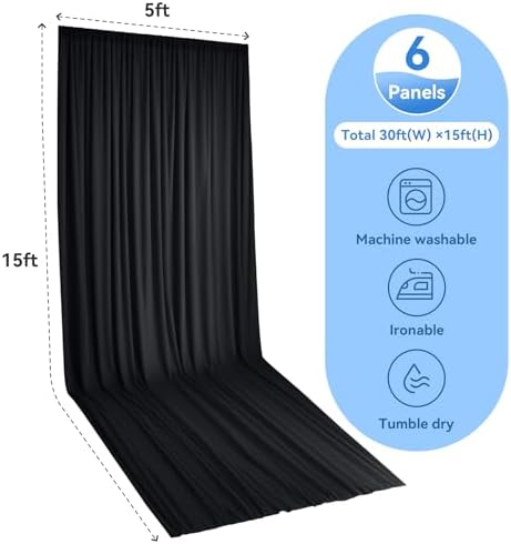 6 Panels 5x15ft Black Backdrop Curtains for Parties, Wrinkle Free Polyester Black Photo Backdrop Drapes 15 ft Long Back Drop Cloth for Wedding Birthday Photography Background Party - Image 6