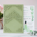 Hosmsua 50PCS Personalized Sage Green Quinceanera Invitations Kit 5.1x7.3 Inch Laser Cut Floral Crown Pocket Quince Invitation Cards with Envelopes for Birthday Bridal Shower - Image 4