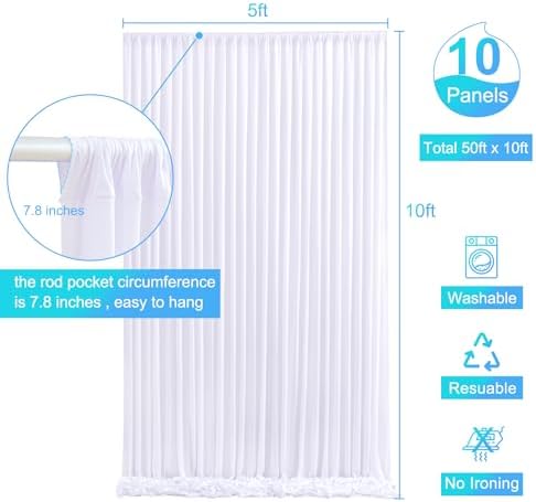 10 Panels White Backdrop Curtain for Parties Wedding Wrinkle Free 50ft x 10ft Backdrop Drapes for Baby Shower Gender Reveal Birthday Photo Photography Polyester Fabric Background Decoration - Image 5