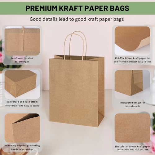 Mlyta 200 Pack 8x4.75x10 Inch Plain Medium Brown Kraft Paper Gift Bags with Handles Bulk for Goodie, Party Favor Brithday Grocery Shopping, Business Wedding Retail Craft Treat To Go, Merchandise Sacks - Image 4