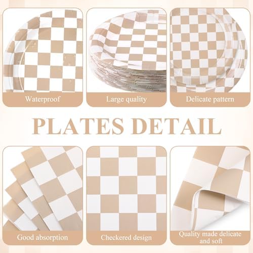 Funnymoom 452 Pcs Beige and Brown Gingham Party Supplies for 50, Beige Checkered Plaid Paper Plates Napkins Cups Tablecloth Cutlery Straws for Picnic Camping Birthday Baby Shower Decoration - Image 2