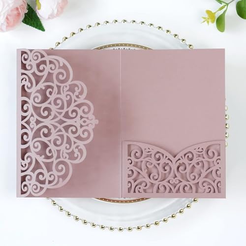 PONATIA 5.12 x 7.2 Dusty Rose Laser Cut Wedding Invitations, 5x7 Trifold Laser Cut Invitation Pockets with Envelopes for Wedding Bridal Shower Engagement Quinceanera Invitations (20PCS No Inner Sheet) by ponatia