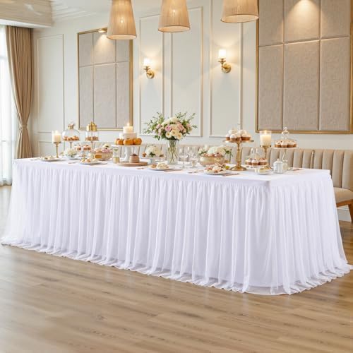 White Tablecloth for 8 Foot Rectangle Tables with Ruffle Tulle Table Skirt by PartyTalk