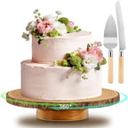 12" Rotating Wood Cake Stand with Cake Cutting Set (Knife and Server) - Rustic Wooden Cake Turntable for Decorating, Party, Wedding, Baby Showers, Reception, Event - Ideal Baking Gift & Decor by YICMY