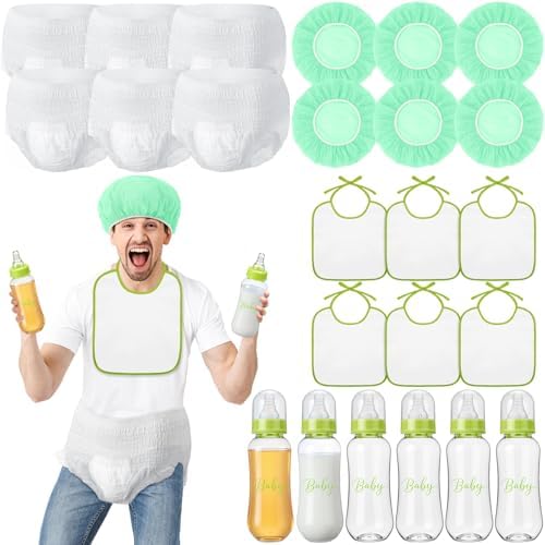 6 Sets Bottle Chug Baby Shower Games Juegos Para Plastic Baby Bottles Bibs Hat Disposable Diapers Gender Reveal Games Baby Changing Diaper Race Game Decoration (Green) by giftlyze