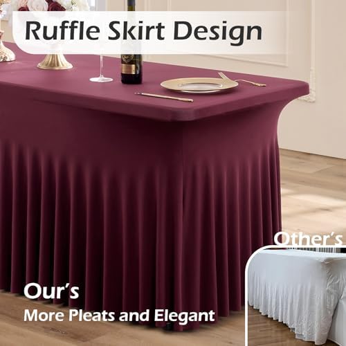 6 pk Burgundy Spandex Tablecloth 6ft with Ruffled Tables,Wrinkle Free High-Stretch Fitted Table Cloths for 6 Foot Rectangle Tables,Elastic Maroon Spandex Table Covers 6 ft for Weddings Banquet Dinning - Image 2