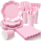 Vyntra Pink Paper Plates, Cups & Napkins, 350 Pcs Scalloped Party Set by PartyTablewareSupplies