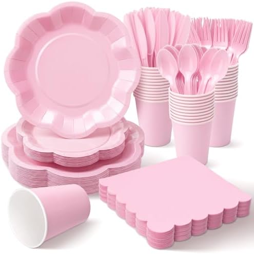 Vyntra Pink Paper Plates, Cups & Napkins, 350 Pcs Scalloped Party Set by PartyTablewareSupplies
