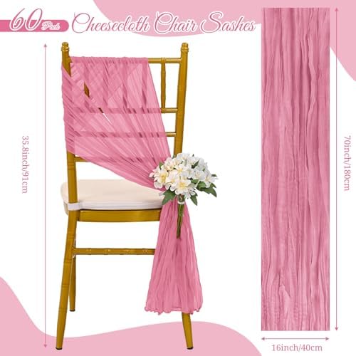 60 PCS Dusty Rose Chair Sashes Cheesecloth ChairSashes Rustic Chair Decorative Bows Designed ChairCover for Wedding Banquet Party Aisle Home Kitchen Decoration (16 x 70 inch) - Image 2