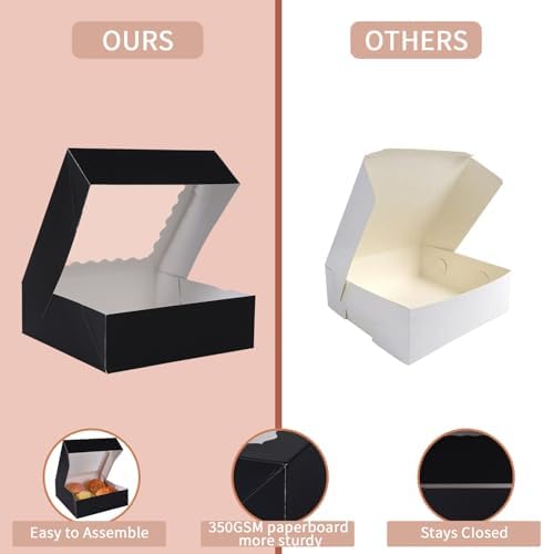 24 pcs Black Pie Boxes,12x12x3 Inch Auto-Popup Bakery Boxes with Window Donuts Chocolate Muffins Donuts Pastry Dessert Cookie Box For Packaging - Image 5
