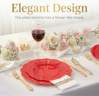 NOCCUR 175PCS Red Plastic Plates with Gold Disposable Silverware - Include 50 Red Gold Plastic Plates,25 Knives,25 Forks,25 Spoons,25 Cups and 25 Napkins - Ideal for Party/Hibachi Party/Wedding - Image 4