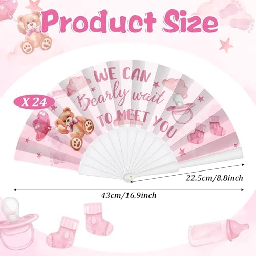 Cinrobiye 24 Pcs Baby Shower Folding Hand Fans for Guest Bear Baby Shower Hand Fans Colorful Foldable Handheld Fan for Gender Reveal Baby Shower Celebration Party Favors Supplies (Pink1) - Image 2