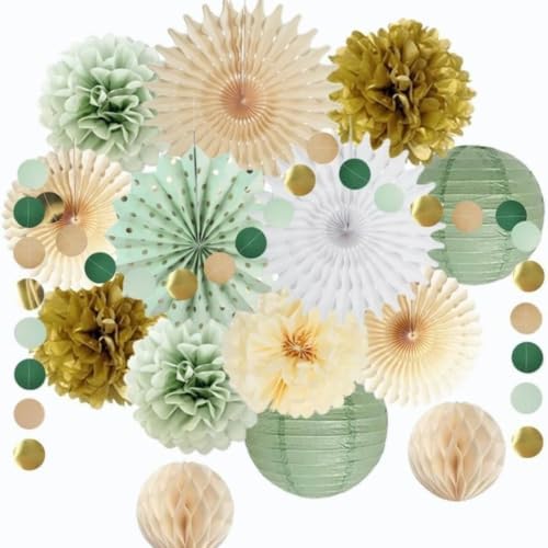 Sage Green Tissue Paper Party Decor Set, Paper Fans Pom Poms Lanterns Dot Garland for Baby Shower by Unknown