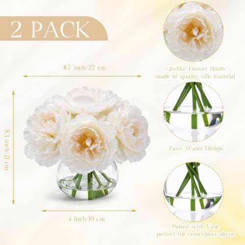 Zeyune 2 Pack White Peonies Faux Flowers in Vase with Faux Water Silk - Image 3