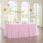 132in Baby Pink Tulle Table Skirts for Rectangle Tables 6ft 8ft, 2-Layer 11 ft Long Gold Grim Princess Pink Ruffle Tulle Tutu Table Skirt Cloth for Girl Birthday Baby Cake Dessert(No Table Cover) by ENJOYYOURPARTY